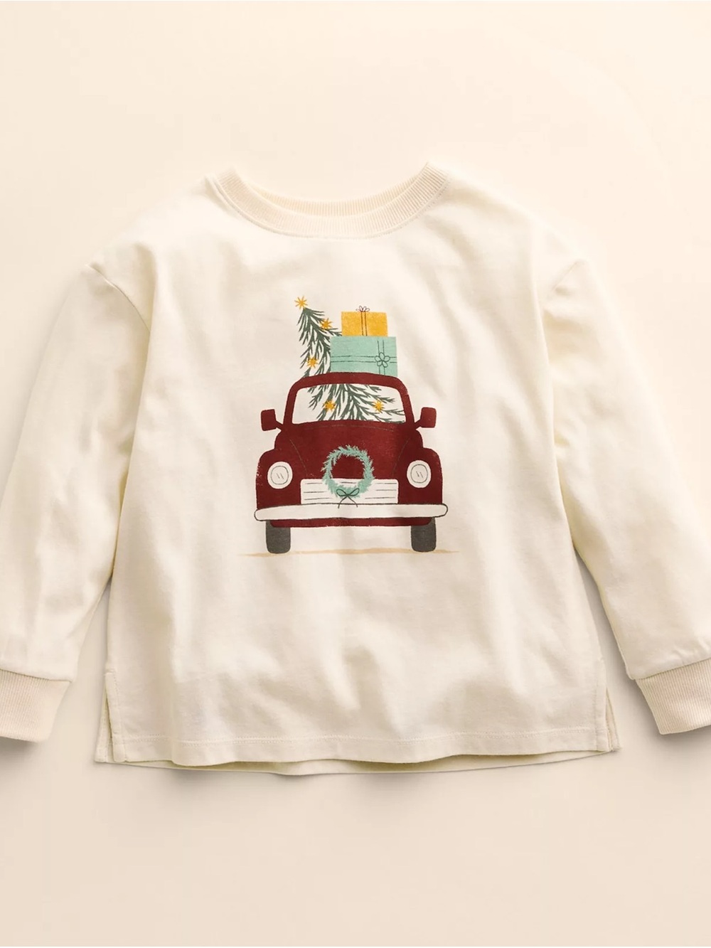 Little Co - Cream Long-Sleeve Tee with Red Holiday Truck Graphic - 12M